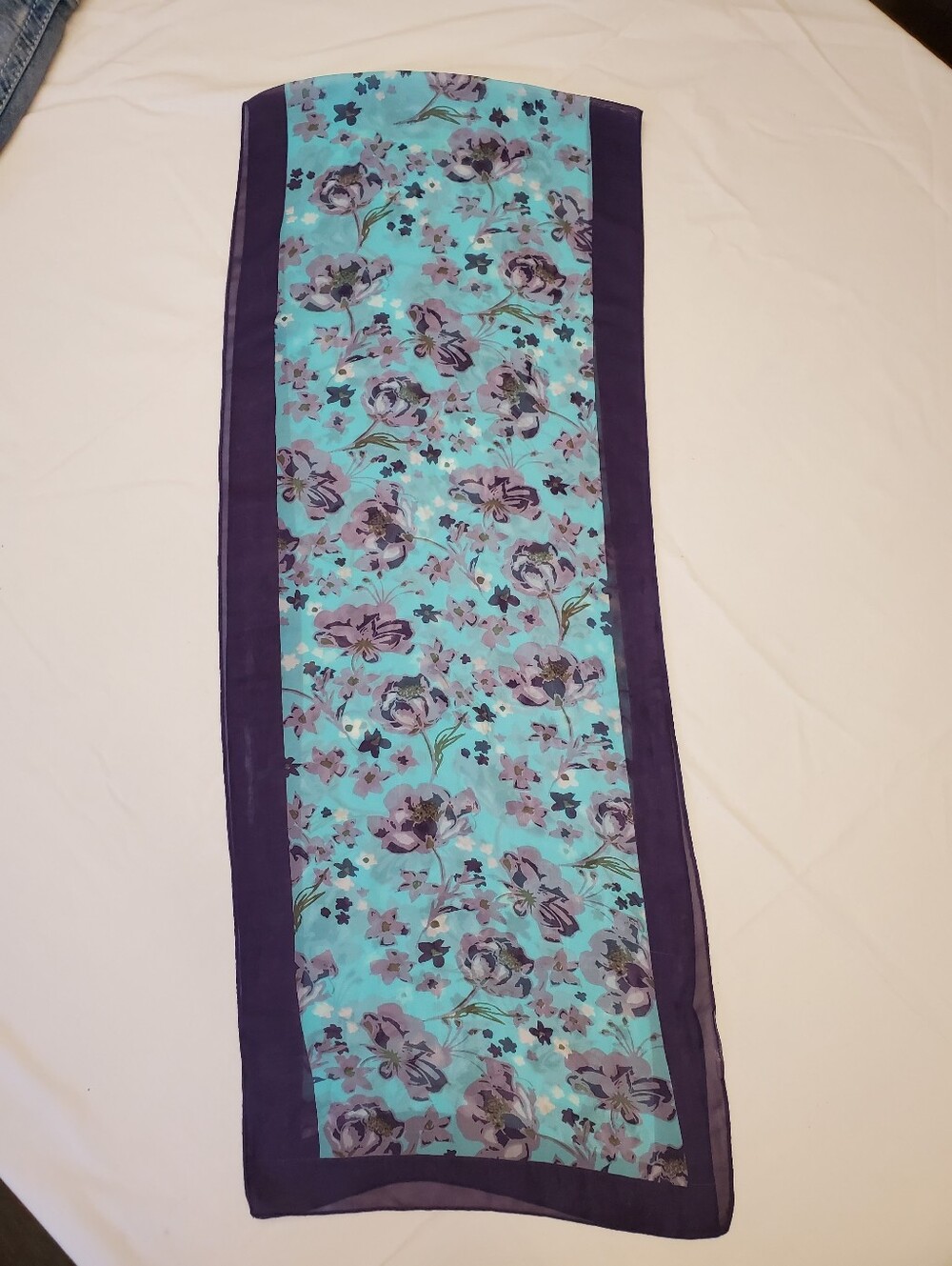 Vintage Teal Purple Floral Chiffon Long Scarf Sheer Border Boho 64x16"